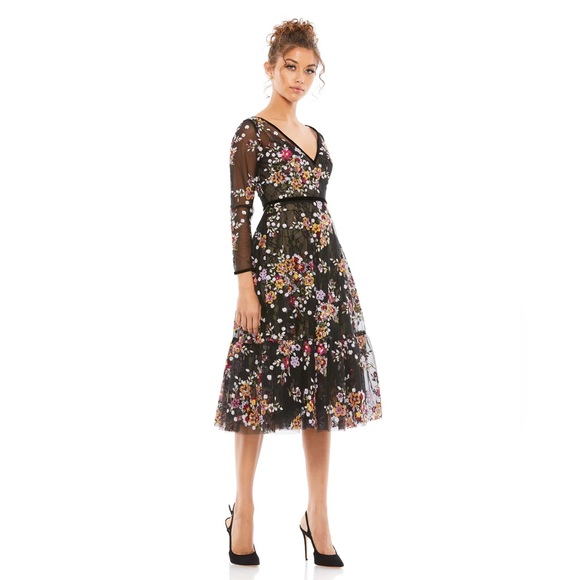 Mac Duggal Black Floral‎ Embroidered Tea Length Dress NWT - Picture 1 of 9